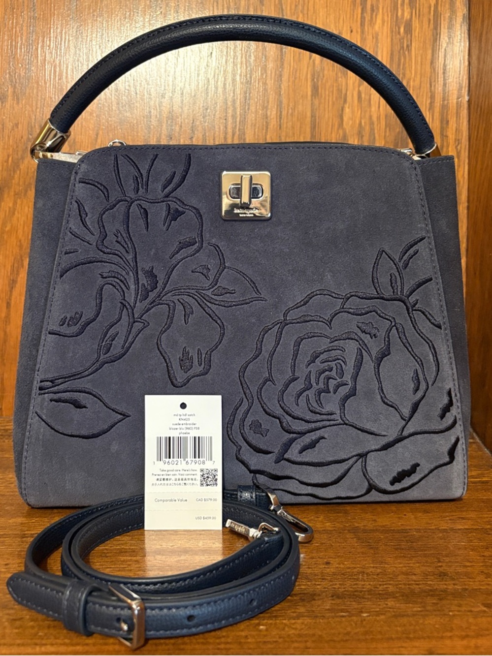 NWT-Kate Spade-Phoebe-Suede Embroidered-Medium Top Handle Bag-Blazer Blue-$459